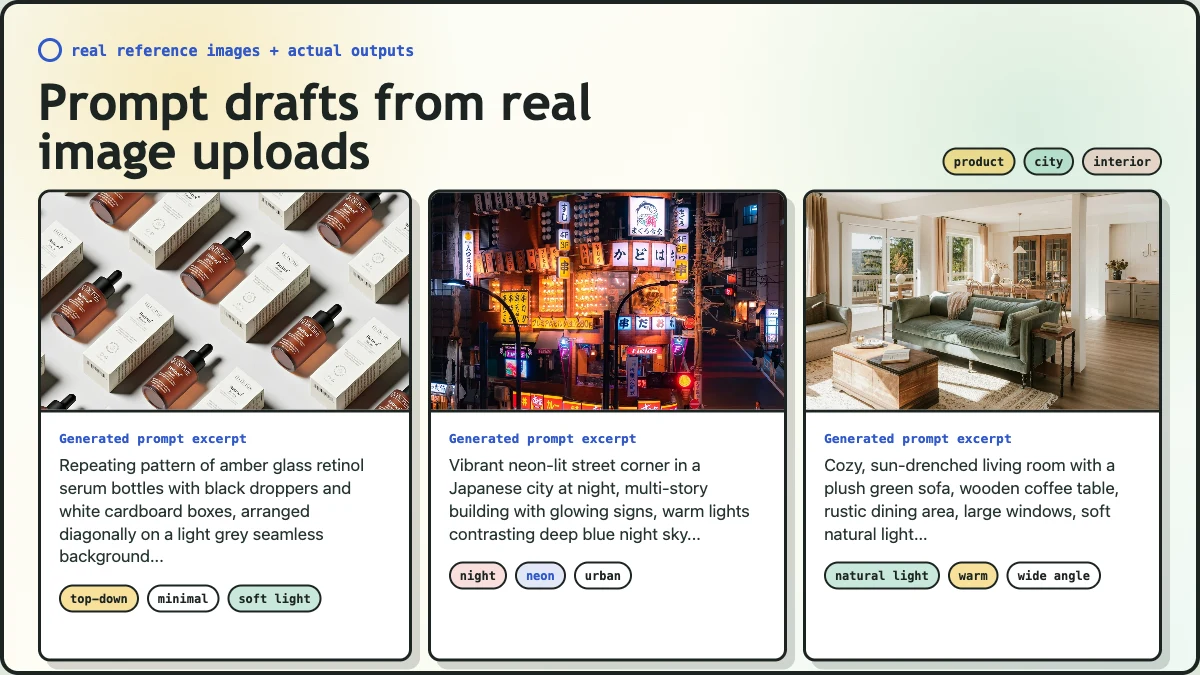 Reference product image converted into an editable AI prompt draft
